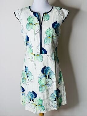 Veinfuns Navy and Green Linen Watercolor Floral Midi Dress